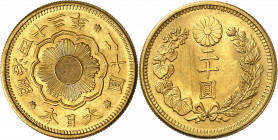 Mutsuhito, 1867-1912. 20 Yen Meiji 43 (1910), Osaka. Soleil rayonnant en forme de fleur / Valeur dans une couronne de mauve et de chrysanthème. Au-des...