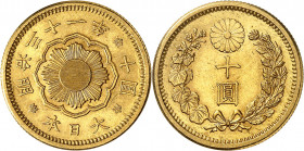 Mutsuhito, 1867-1912. 10 Yen Meiji 31 (1898), Osaka. Soleil rayonnant en forme de fleur / Valeur dans une couronne de mauve et de chrysanthème. Au-des...