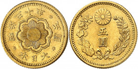Mutsuhito, 1867-1912. 5 Yen Meiji 30 (1897), Osaka. Soleil rayonnant en forme de fleur / Valeur dans une couronne de mauve et de chrysanthème. Au-dess...
