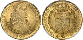 Ferdinand VII, 1808-1822. 8 Escudos 1808 Mo-TH, Mexico. Buste drapé et cuirassé à droite. Date à l'exergue / Armoiries couronnées et valeur, le tout e...