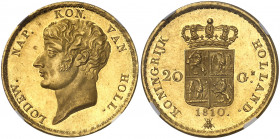 Royaume de Hollande. Louis-Napoléon, 1806-1810. 20 Gulden 1810, Utrecht. Tête nue à gauche / Ecu couronné. Valeur de part et d'autre. Date au-dessous....