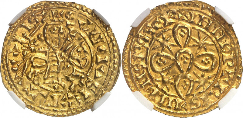 Sancho I, 1185-1211. Morabitino non daté, Coimbra. Le roi chevauchant à droite, ...