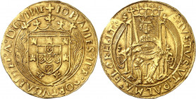 João II, 1481-1495. Justo (600 Reais) non daté (1489-1495), Lisbonne. Armoiries couronnées entre deux palmes / Le roi trônant de face, une épée dans l...