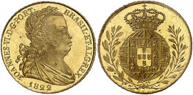 João VI, 1816-1826. Peça (6400 Reis) 1822, Lisbonne. Buste lauré et drapé à droite. Date au-dessous / Armoiries ovales couronnées entre deux branches ...