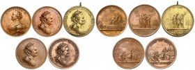 Catherine II, 1762-1796. Lot de 5 médailles : Médaille en bronze commémorant le transport du monolithe de granite destiné au monument de Pierre le Gra...