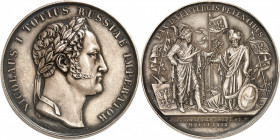 Nicolas I, 1825-1855. Médaille en argent commémorant la paix avec la Turquie en 1829, par H. Gube. Buste lauré du Tsar à droite / Officier russe vêtu ...