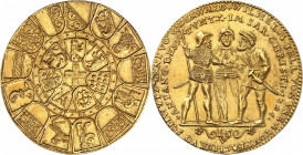 Suisse. Médaille en or au poids de 5 Ducats, non datée (vers 1548), par J. Stampfer, Zurich. Armoiries des treize cantons helvétiques (Berne, Uri, Sol...