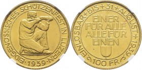 Confédération. 100 Francs Tir fédéral de Lucerne 1939 B, Berne. Tireur agenouillé à droite. Date à l'exergue / Devise confédérée sur quatre lignes. Ec...
