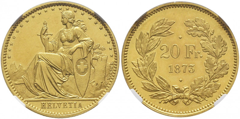 Confédération. 20 Francs 1873, Berne. ESSAI en OR par Léopold Wiener. Helvetia a...