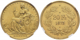 Confédération. 20 Francs 1873, Bruxelles. ESSAI en OR par Léopold Wiener. Helvetia assise à gauche sur un fond de montagnes, une épée dans la main dro...