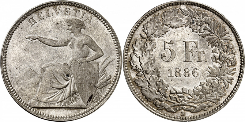 Confédération. 5 Francs 1886 B, Berne. Helvetia assise à gauche sur fond de mont...
