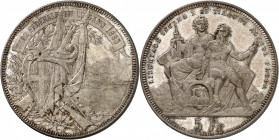 Confédération. Ecu de Tir de 5 Francs 1883 LUGANO. Armoiries disposées sur deux drapeaux et deux fusils / La Suisse et le Tessin assis sur un tunnel. ...