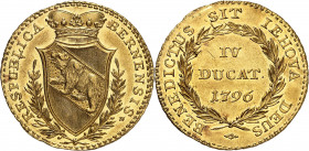 Berne. 4 Ducats 1796, Berne. Armoiries couronnées entre deux branches de laurier / Valeur et date dans une couronne de laurier. 13,73g. D.T. 468; Fr. ...