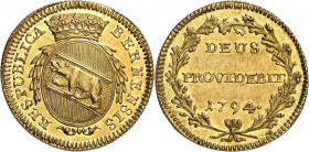 Berne. Doublon 1794, Berne. Armoiries ovales couronnées, surmontées de deux branches de laurier / Inscription et date sur trois lignes dans une couron...