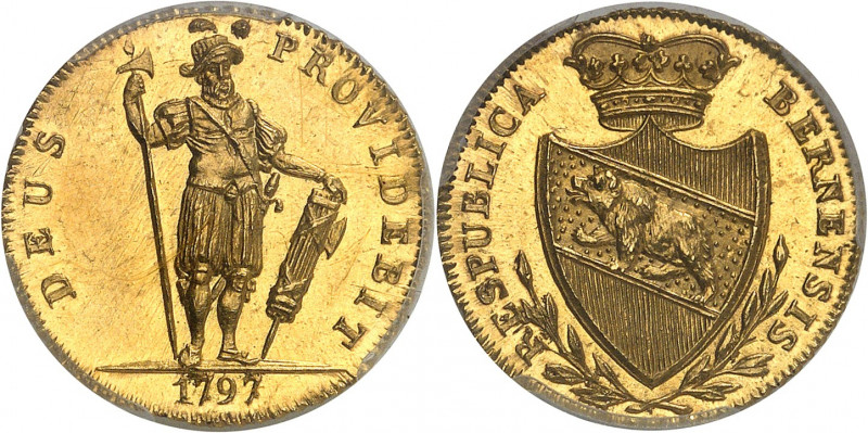 Berne. Demi-Doublon 1797, Berne. Armoiries couronnées entre deux branches de lau...