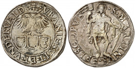 Uri, Schwyz et Unterwald. Dicken non daté (1503-1548), Bellinzone. Armoiries des trois cantons disposées en ligne et surmontées de l'aigle bicéphale d...