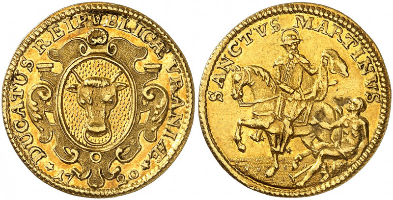 Uri. Ducat 1720. Armoiries d'Uri dans un cartouche ornementé / Saint Martin à ch...