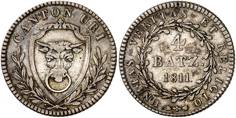 Uri. 4 Batzen 1811. Armoiries d'Uri entre deux branches de laurier / Valeur et d...