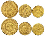 Royaume de Rattanakosin. Mongkut (Rama IV), 1851-1868. Lot de 3 monnaies : 8, 4 et 2,5 Bahts non daté (1863), Bangkok. Couronne royale entourée de deu...