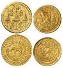 Royaume de Rattanakosin. Mongkut (Rama IV), 1851-1868. Lot de 2 monnaies : 4 et 2,5 Bahts non daté (1863), Bangkok. Couronne royale entourée de deux o...