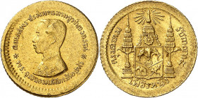 Royaume de Rattanakosin. Chulalongkorn (Rama V), 1868-1910. 1/8 Baht ou Fuang non daté (1876-1910), Bangkok. FRAPPE en OR. Buste de Rama V en uniforme...