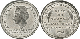 Genevoise ou dix-décimes 1794 (l'an III de l'Egalité) T-B. ESSAI en ETAIN. Tête tourrelée de femme à gauche. Inscription sur trois lignes à l'exergue ...
