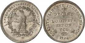 Genève, la Période révolutionnaire. Décime 1794 W. PIÉFORT en ÉTAIN (Double Décime). Aigle aux ailes éployées, la tête à gauche, tenant une clé dans s...