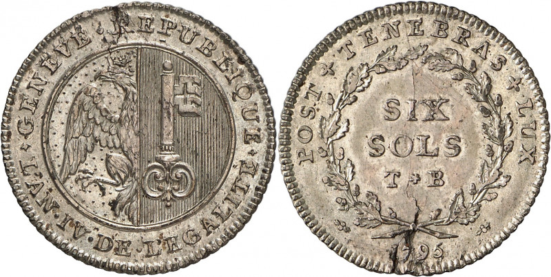 Genève, la Période révolutionnaire. 6 Sols 1795 T-B (l'an IV de l'Egalité). ESSA...