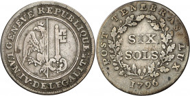 Genève, la Période révolutionnaire. 6 Sols 1796 (l'an IV de l'Egalité). Armoiries genevoises dans un cercle / Valeur sur deux lignes dans une couronne...
