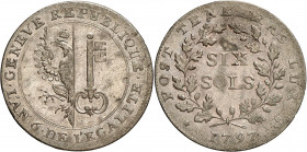 Genève, la Période révolutionnaire. 6 Sols 1797 (l'an 6 de l'Egalité). Armoiries genevoises dans un cercle / Valeur sur deux lignes dans une couronne ...