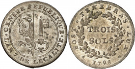 Genève, la Période révolutionnaire. 3 Sols 1798 (l'an 7 de l'Egalité). Armoiries genevoises dans un cercle / Valeur sur deux lignes dans une couronne ...