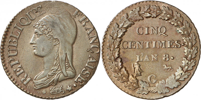 Genève, l'Occupation française. Consulat, 1799-1804. 5 centimes An 8 (1799-1800)...