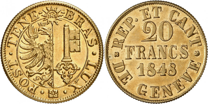 Genève, le système décimal. 20 Francs or 1848. Armoiries genevoises dans un cerc...