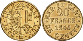 Genève, le système décimal. 20 Francs or 1848. Armoiries genevoises dans un cercle. IHS dans un soleil au-dessus / Valeur et date sur trois lignes. Tr...
