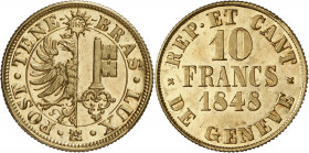 Genève, le système décimal. 10 Francs or 1848. Armoiries genevoises dans un cercle. IHS dans un soleil au-dessus / Valeur et date sur trois lignes. Tr...