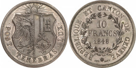 Genève, le système décimal. 10 Francs argent 1848, par A. Bovy. Ecu de Genève. IHS dans un soleil rayonnant au-dessus / Valeur et date sur trois ligne...