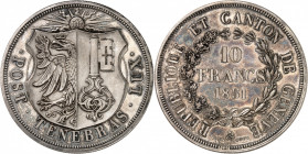 Genève, le système décimal. 10 Francs argent (Ecu de tir) 1851, par A. Bovy. Ecu de Genève. IHS dans un soleil rayonnant au-dessus / Valeur et date su...