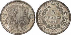 Genève, le système décimal. 5 Francs argent 1848, par A. Bovy. Ecu de Genève. IHS dans un soleil rayonnant au-dessus / Valeur et date sur trois lignes...
