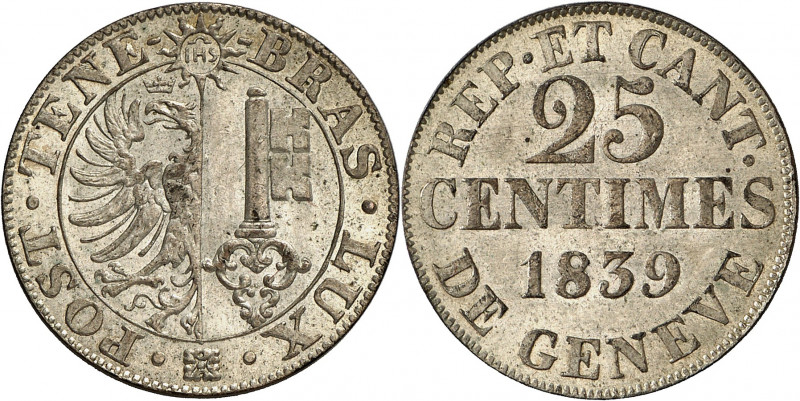 Genève, le système décimal. 25 Centimes 1839. Armoiries genevoises sur fond liss...