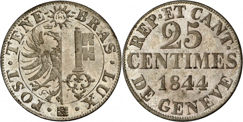 Genève, le système décimal. 25 Centimes 1844. Armoiries genevoises sur fond liss...