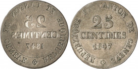 Genève, le système décimal. 25 Centimes 1847. FRAPPE INCUSE. Avers incus / Valeur et date sur trois lignes. 3,60g. cf. Demole 702; cf. HMZ 2-365c. 
...