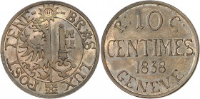 Genève, le système décimal. 10 Centimes 1838. ESSAI en CUIVRE par A. Bovy. Armoiries genevoises dans un cercle. IHS dans un soleil au-dessus / Valeur ...