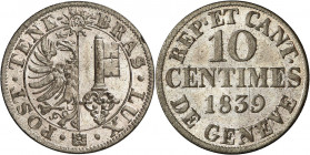 Genève, le système décimal. 10 Centimes 1839. Armoiries genevoises dans un cercle. IHS dans un soleil au-dessus / Valeur et date sur trois lignes. 3,1...