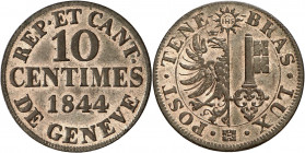 Genève, le système décimal. 10 Centimes 1844. Armoiries genevoises dans un cercle. IHS dans un soleil au-dessus / Valeur et date sur trois lignes. 2,7...