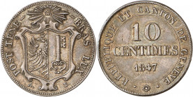 Genève, le système décimal. 10 Centimes 1847. FRAPPE en ARGENT. Ecu de Genève sur fond lisse. IHS dans un soleil rayonnant au-dessus. Initiales du gra...