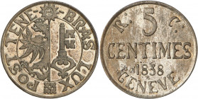 Genève, le système décimal. 5 Centimes 1838. ESSAI en LAITON par A. Bovy. Armoiries de Genève dans un cercle. IHS dans un soleil au-dessus / Valeur et...