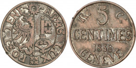 Genève, le système décimal. 5 Centimes 1838. ESSAI en BILLON par A. Bovy. Armoiries de Genève dans un cercle. IHS dans un soleil au-dessus / Valeur et...