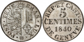 Genève, le système décimal. 5 Centimes 1840. Armoiries de Genève dans un cercle. IHS dans un soleil au-dessus / Valeur et date sur trois lignes. 2,04g...