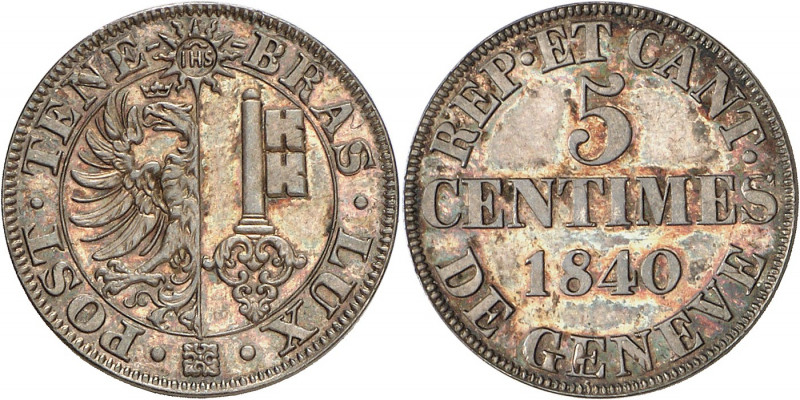 Genève, le système décimal. 5 Centimes 1840. FRAPPE en ARGENT. Armoiries de Genè...