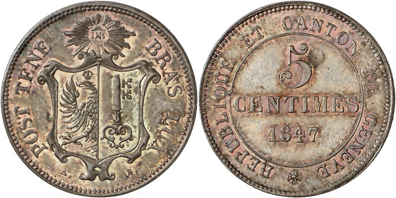 Genève, le système décimal. 5 Centimes 1847. FRAPPE en ARGENT. Ecu de Genève sur...